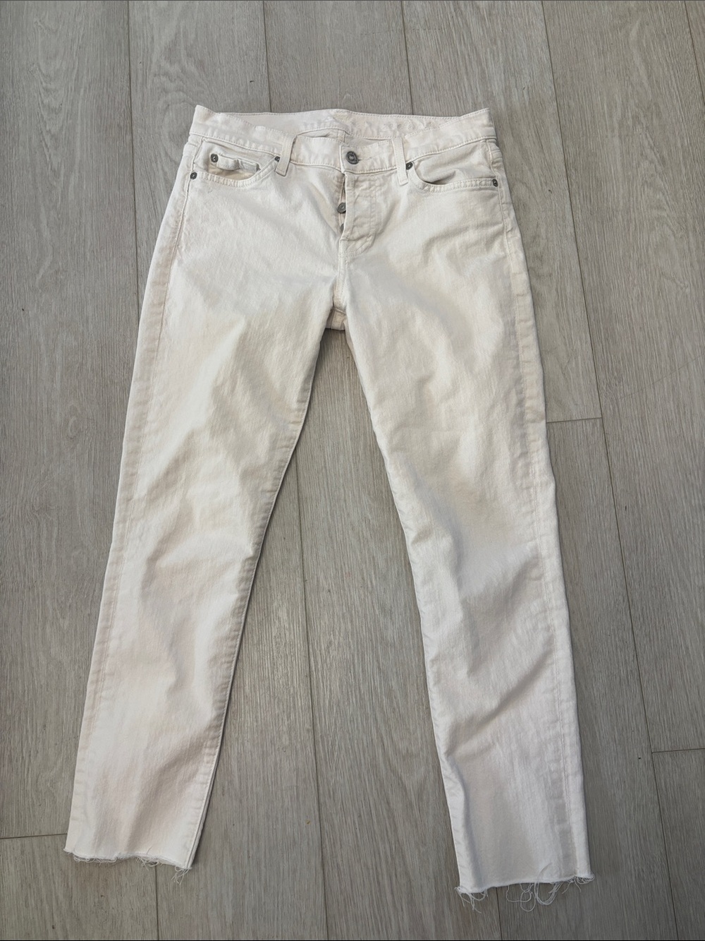 7 for all Mankind Josefina Distressed Hem Slim Boyfriend White Jeans 27‎